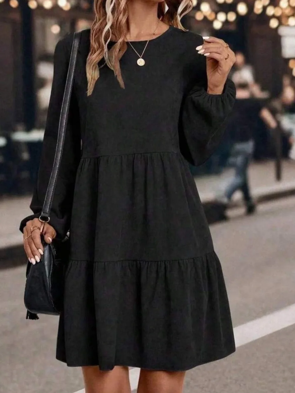 Boho black ruffle hem ribbed knit fall dress